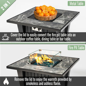 English Elm 32 Inch Propane Fire Pit Table with Marble Tile Top Glass Beads and Wind Guard for Patio W853120902