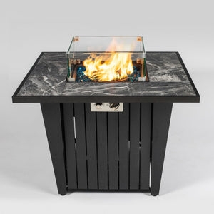 English Elm 32 Inch Propane Fire Pit Table with Marble Tile Top Glass Beads and Wind Guard for Patio W853120902