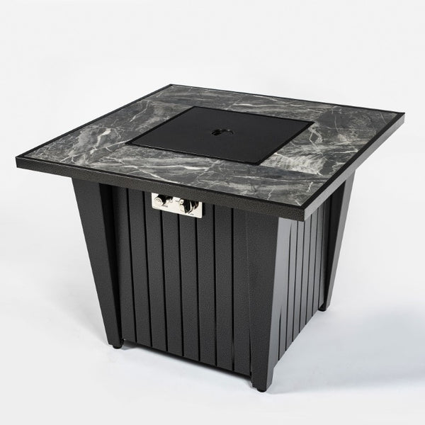 English Elm 32 Inch Propane Fire Pit Table with Marble Tile Top Glass Beads and Wind Guard for Patio W853120902