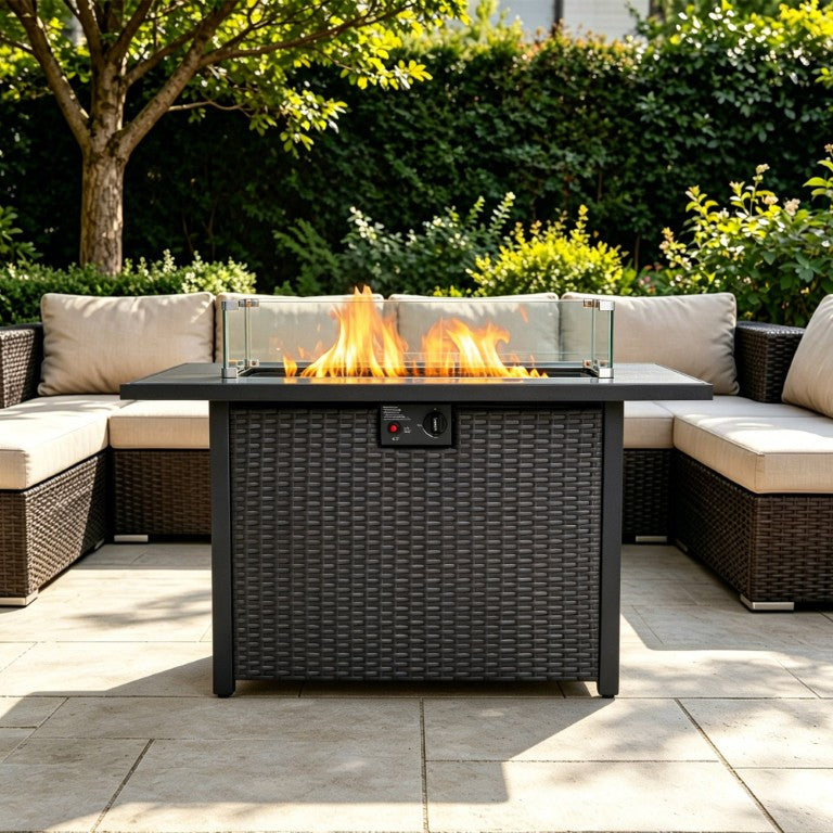 English Elm 44 Inch Rectangular Outdoor Propane Fire Pit Table with PE Rattan Frame and 50000 BTU Heat W853P495446