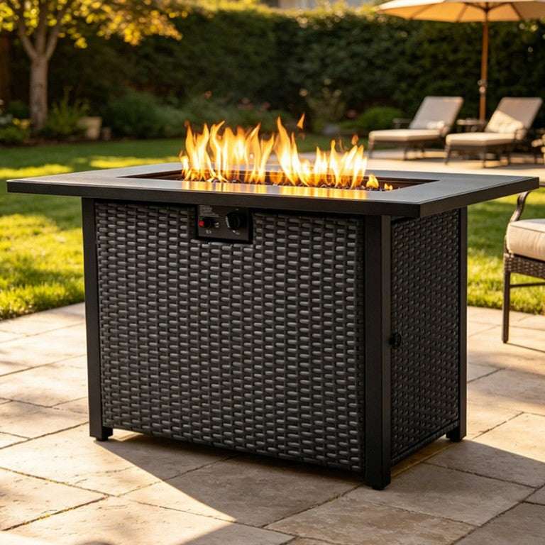 English Elm 44 Inch Rectangular Outdoor Propane Fire Pit Table with PE Rattan Frame and 50000 BTU Heat W853P495446