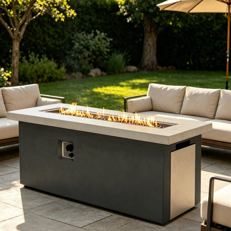 English Elm Outdoor Concrete Fire Pit Table 60 Inch Propane Patio Dining Focal Point MgO W853P495916