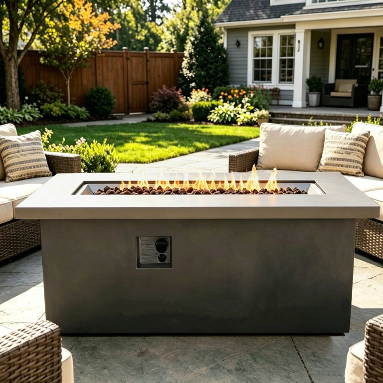 English Elm Outdoor Concrete Fire Pit Table 60 Inch Propane Patio Dining Focal Point MgO W853P495916