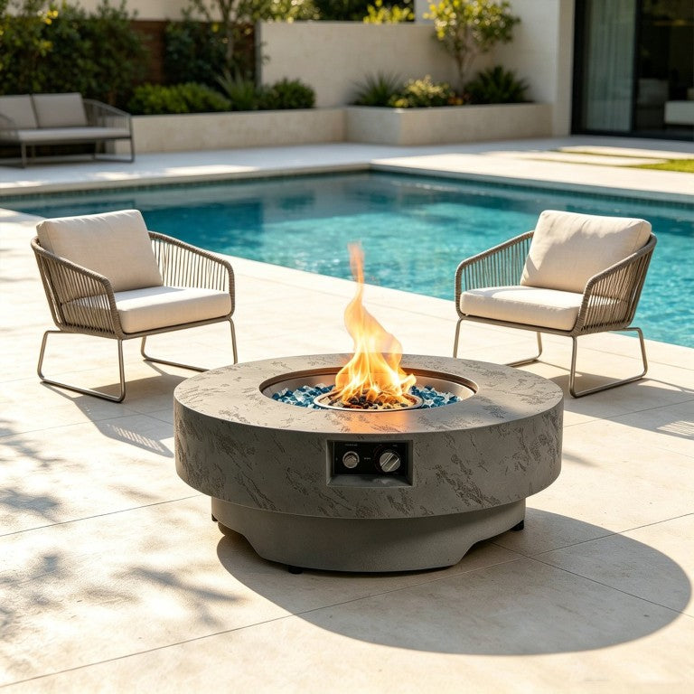 English Elm 34 Inch Round Propane Fire Table Outdoor Patio with Cement Finish Glass Stones W853P520404