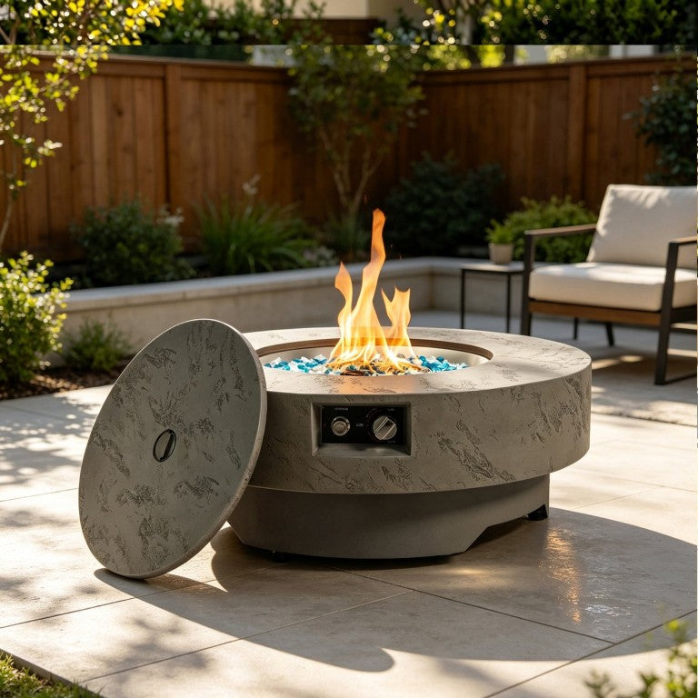 English Elm 34 Inch Round Propane Fire Table Outdoor Patio with Cement Finish Glass Stones W853P520404
