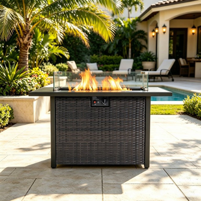 English Elm 44-Inch Rattan Propane Fire Pit Table 50000 BTU Outdoor Patio 2In1 Dining Surface W853P545256