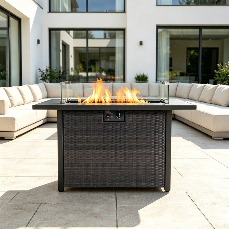 English Elm 44-Inch Rattan Propane Fire Pit Table 50000 BTU Outdoor Patio 2In1 Dining Surface W853P545256