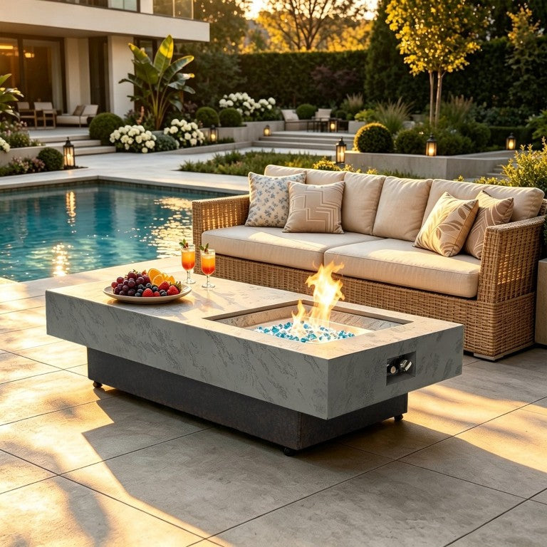 English Elm Rectangle Propane Fire Pit Table Cement Textured Alloy Top 50000 BTU Patio W853P553906