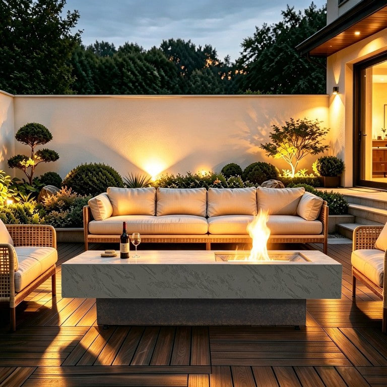 English Elm Rectangle Propane Fire Pit Table Cement Textured Alloy Top 50000 BTU Patio W853P553906
