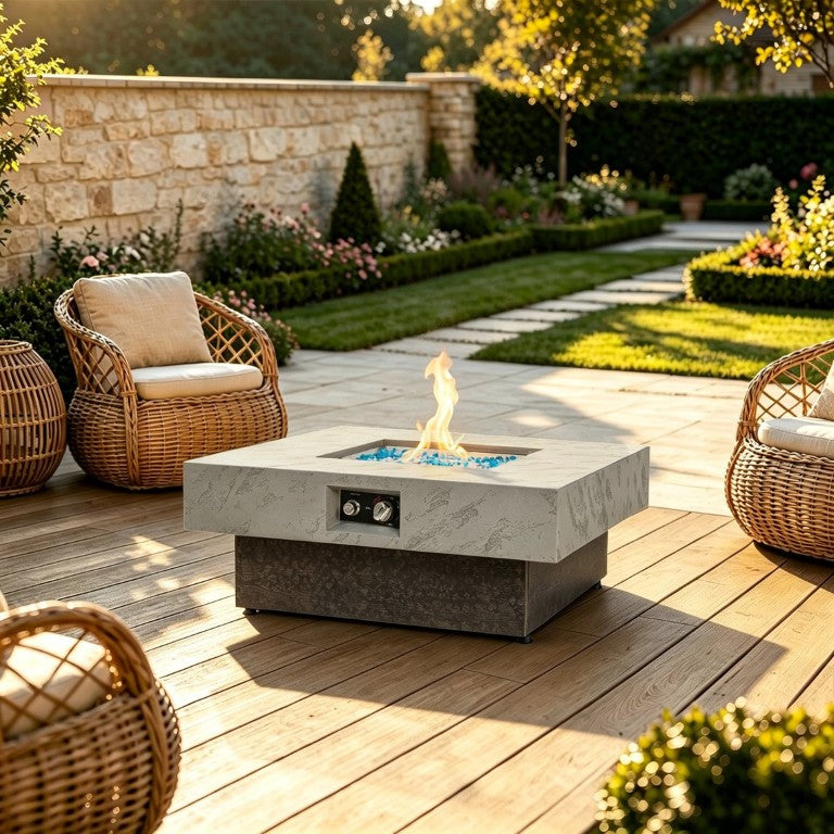 English Elm 34‑Inch Square Propane Fire Pit Table with Cement Textured Zinc Top and 50000 BTU Burner W853P553911