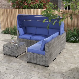 English Elm 6 Piece Outdoor Rattan Sectional Daybed Set with Retractable Canopy Poolside Patio W861S00010