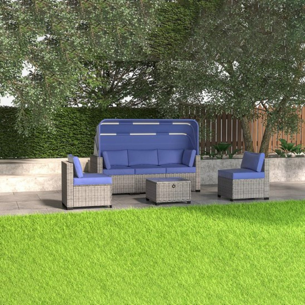 English Elm 6 Piece Outdoor Rattan Sectional Daybed Set with Retractable Canopy Poolside Patio W861S00010