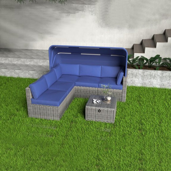 English Elm 6 Piece Outdoor Rattan Sectional Daybed Set with Retractable Canopy Poolside Patio W861S00010
