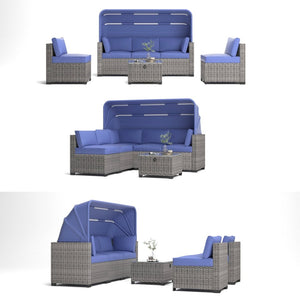 English Elm 6 Piece Outdoor Rattan Sectional Daybed Set with Retractable Canopy Poolside Patio W861S00010