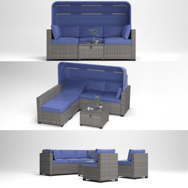 English Elm 6 Piece Outdoor Rattan Sectional Daybed Set with Retractable Canopy Poolside Patio W861S00010