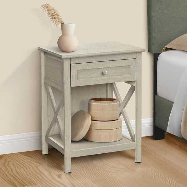 English Elm Antique White Washed Veneer End Table with X Apron Detail and Open Storage Shelf W869P372430