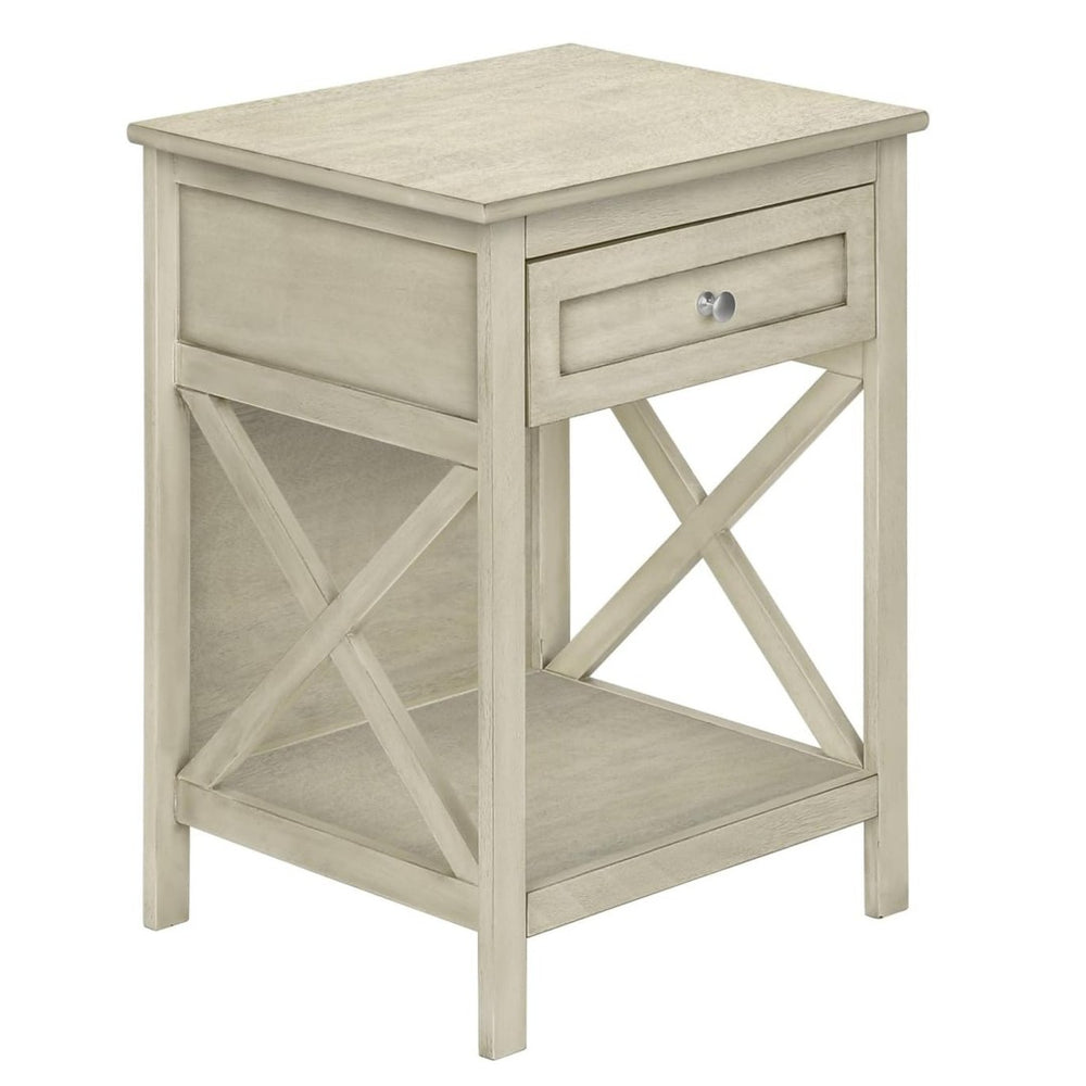 English Elm Antique White Washed Veneer End Table with X Apron Detail and Open Storage Shelf W869P372430