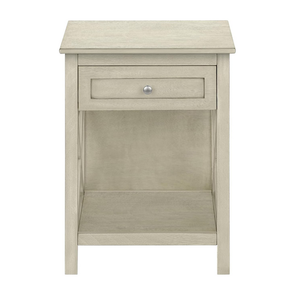 English Elm Antique White Washed Veneer End Table with X Apron Detail and Open Storage Shelf W869P372430