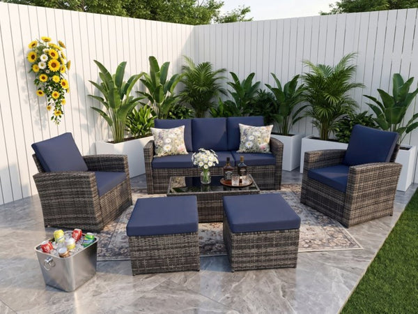 English Elm Outdoor Hand-woven Pe Rattan 6 Piece Patio Sectional Set with Aluminum Frame Dark Blue W874S00090