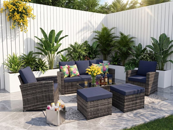 English Elm Outdoor Hand-woven Pe Rattan 6 Piece Patio Sectional Set with Aluminum Frame Dark Blue W874S00090