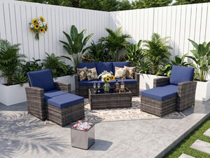 English Elm Outdoor Hand-woven Pe Rattan 6 Piece Patio Sectional Set with Aluminum Frame Dark Blue W874S00090