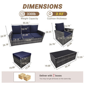 English Elm Outdoor Hand-woven Pe Rattan 6 Piece Patio Sectional Set with Aluminum Frame Dark Blue W874S00090
