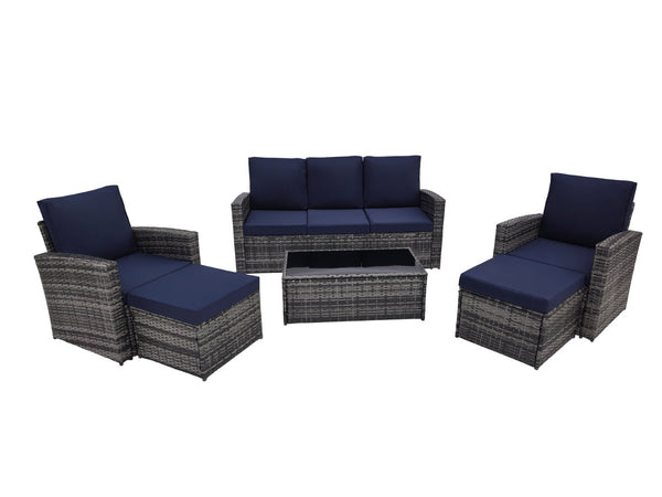 English Elm Outdoor Hand-woven Pe Rattan 6 Piece Patio Sectional Set with Aluminum Frame Dark Blue W874S00090