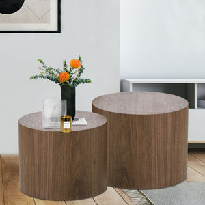 English Elm Mdf Walnut Veneer Nesting Side Tables Cylindrical Set for Living Room or Bedroom W87639977