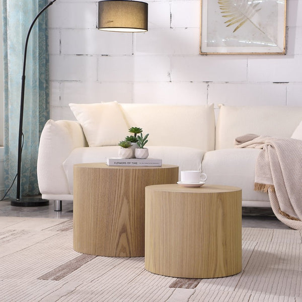 English Elm Mdf Round Nesting Table Set of 2 Oak Veneer Warm Wood Grain Living Room Accent W87640118