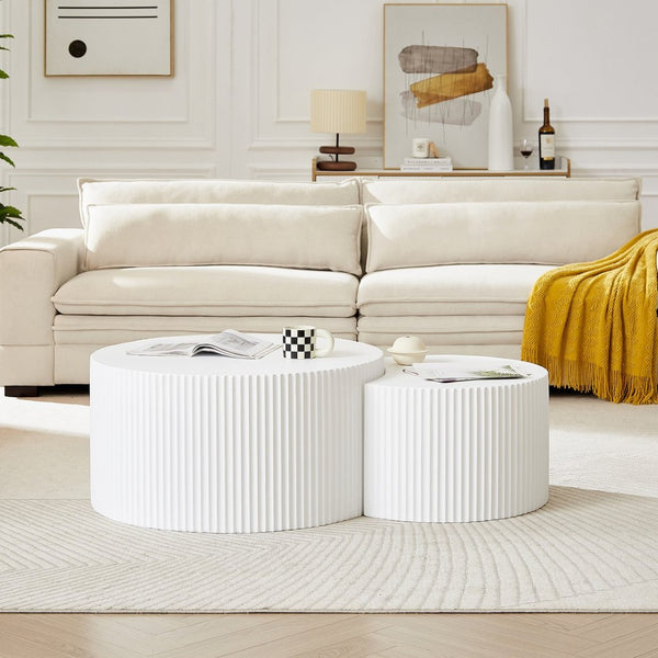 English Elm White Nesting Coffee Table Set with Handcrafted Relief Mdf Round Living Room Accent W876P271185
