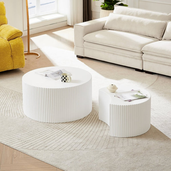 English Elm White Nesting Coffee Table Set with Handcrafted Relief Mdf Round Living Room Accent W876P271185