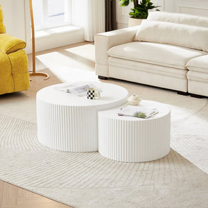English Elm White Nesting Coffee Table Set with Handcrafted Relief Mdf Round Living Room Accent W876P271185