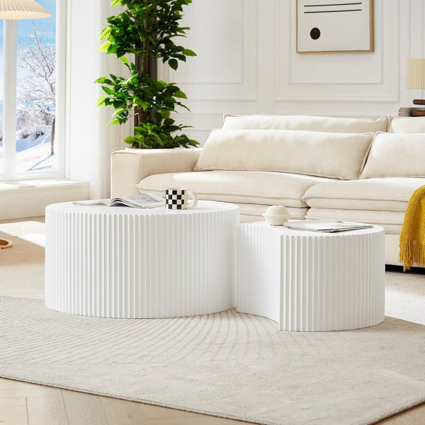 English Elm White Nesting Coffee Table Set with Handcrafted Relief Mdf Round Living Room Accent W876P271185