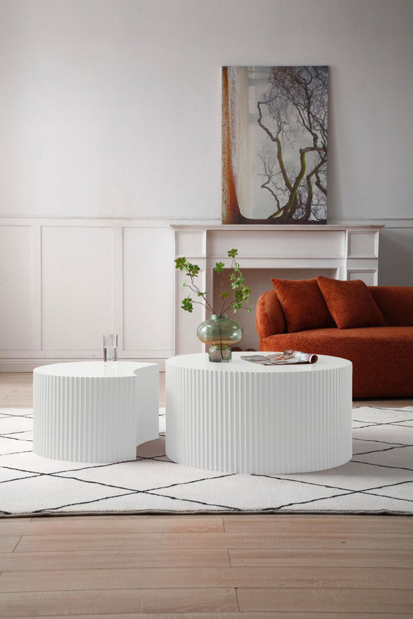 English Elm White Nesting Coffee Table Set with Handcrafted Relief Mdf Round Living Room Accent W876P271185