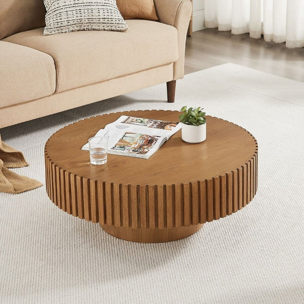 English Elm 35.43 Inch Round Coffee Table Fluted Pedestal Base Sculptural MDF for Compact Living Rooms Brown W876P362248
