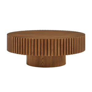 English Elm 35.43 Inch Round Coffee Table Fluted Pedestal Base Sculptural MDF for Compact Living Rooms Brown W876P362248