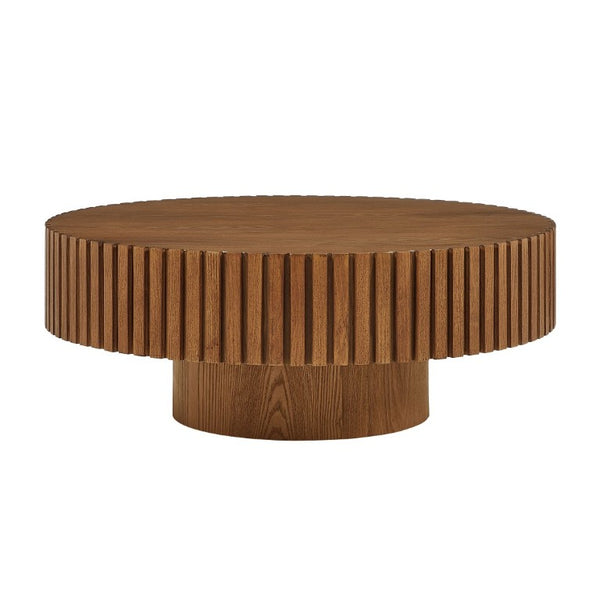 English Elm 35.43 Inch Round Coffee Table Fluted Pedestal Base Sculptural MDF for Compact Living Rooms Brown W876P362248