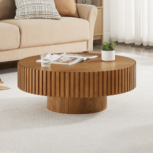 English Elm 35.43 Inch Round Coffee Table Fluted Pedestal Base Sculptural MDF for Compact Living Rooms Brown W876P362248
