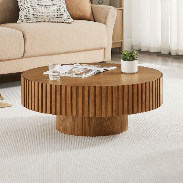English Elm 35.43 Inch Round Coffee Table Fluted Pedestal Base Sculptural MDF for Compact Living Rooms Brown W876P362248