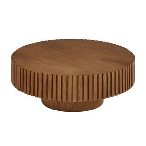 English Elm 35.43 Inch Round Coffee Table Fluted Pedestal Base Sculptural MDF for Compact Living Rooms Brown W876P362248
