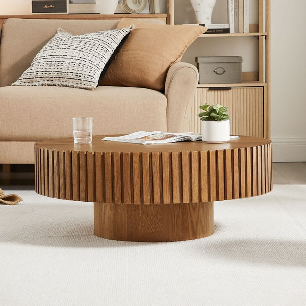 English Elm 35.43 Inch Round Coffee Table Fluted Pedestal Base Sculptural MDF for Compact Living Rooms Brown W876P362248