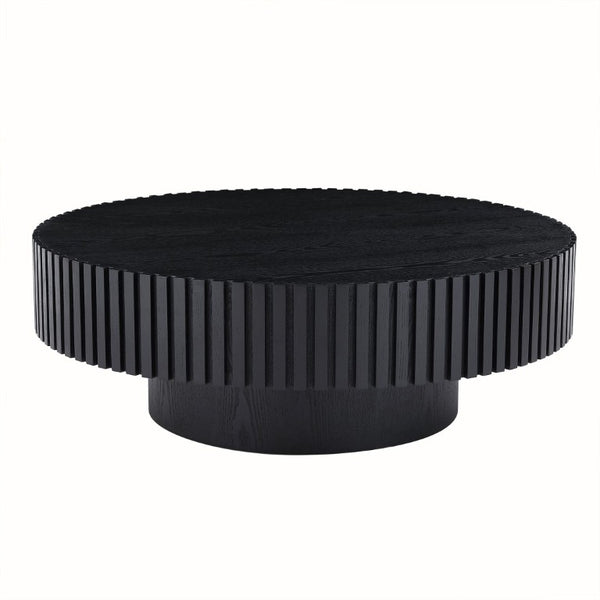 English Elm 35.43 Inch Round Coffee Table Fluted Pedestal Base Sculptural MDF for Compact Living Rooms Matt Black W876P362251