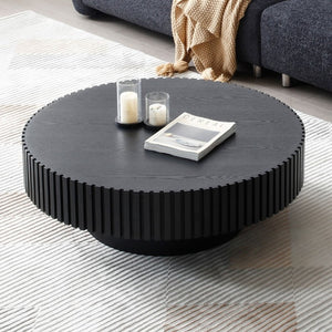 English Elm 35.43 Inch Round Coffee Table Fluted Pedestal Base Sculptural MDF for Compact Living Rooms Matt Black W876P362251