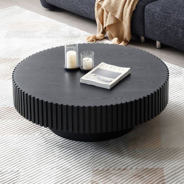 English Elm 35.43 Inch Round Coffee Table Fluted Pedestal Base Sculptural MDF for Compact Living Rooms Matt Black W876P362251