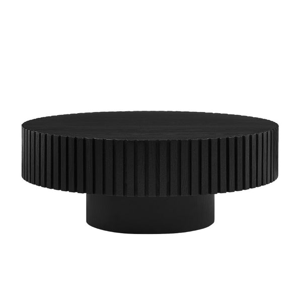 English Elm 35.43 Inch Round Coffee Table Fluted Pedestal Base Sculptural MDF for Compact Living Rooms Matt Black W876P362251