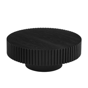 English Elm 35.43 Inch Round Coffee Table Fluted Pedestal Base Sculptural MDF for Compact Living Rooms Matt Black W876P362251