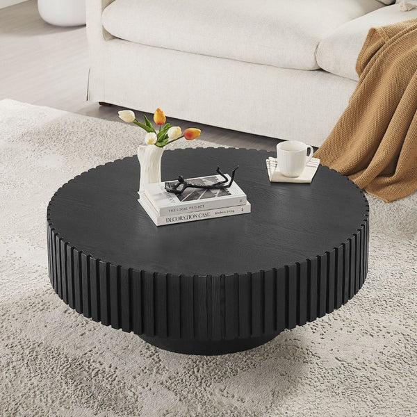 English Elm 35.43 Inch Round Coffee Table Fluted Pedestal Base Sculptural MDF for Compact Living Rooms Matt Black W876P362251