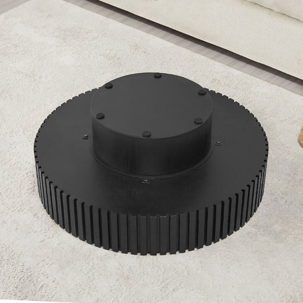 English Elm 35.43 Inch Round Coffee Table Fluted Pedestal Base Sculptural MDF for Compact Living Rooms Matt Black W876P362251
