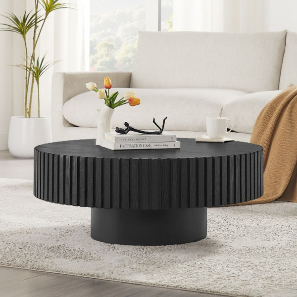 English Elm 35.43 Inch Round Coffee Table Fluted Pedestal Base Sculptural MDF for Compact Living Rooms Matt Black W876P362251