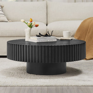 English Elm 35.43 Inch Round Coffee Table Fluted Pedestal Base Sculptural MDF for Compact Living Rooms Matt Black W876P362251